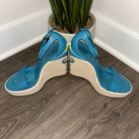 Prada Seahorse Wedge Platform Sandals Leather Green Blue - Picture 6 of 14